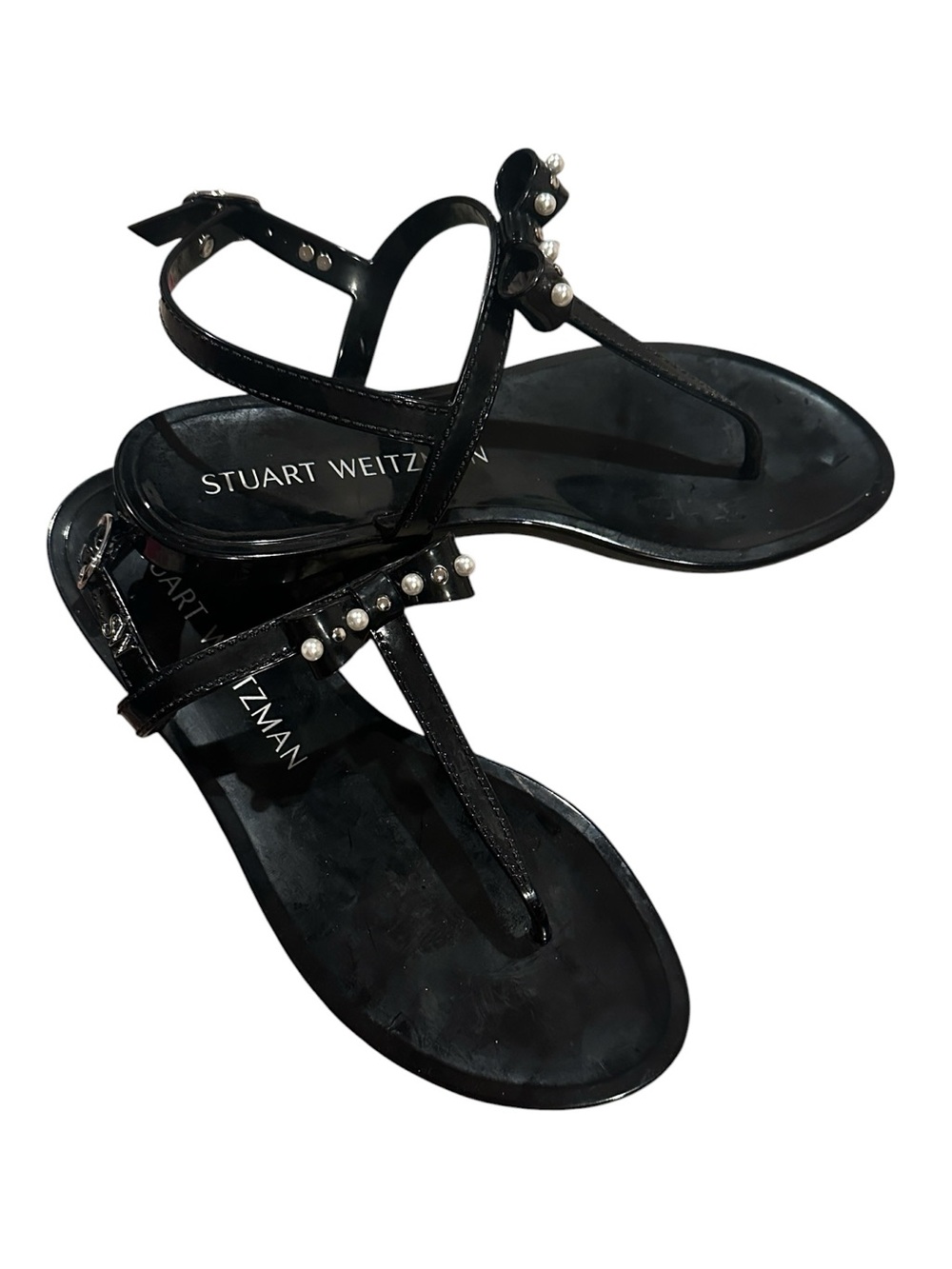 STUART WEITZMAN Bow Pearl T-Strap Jelly Sandals Black 7